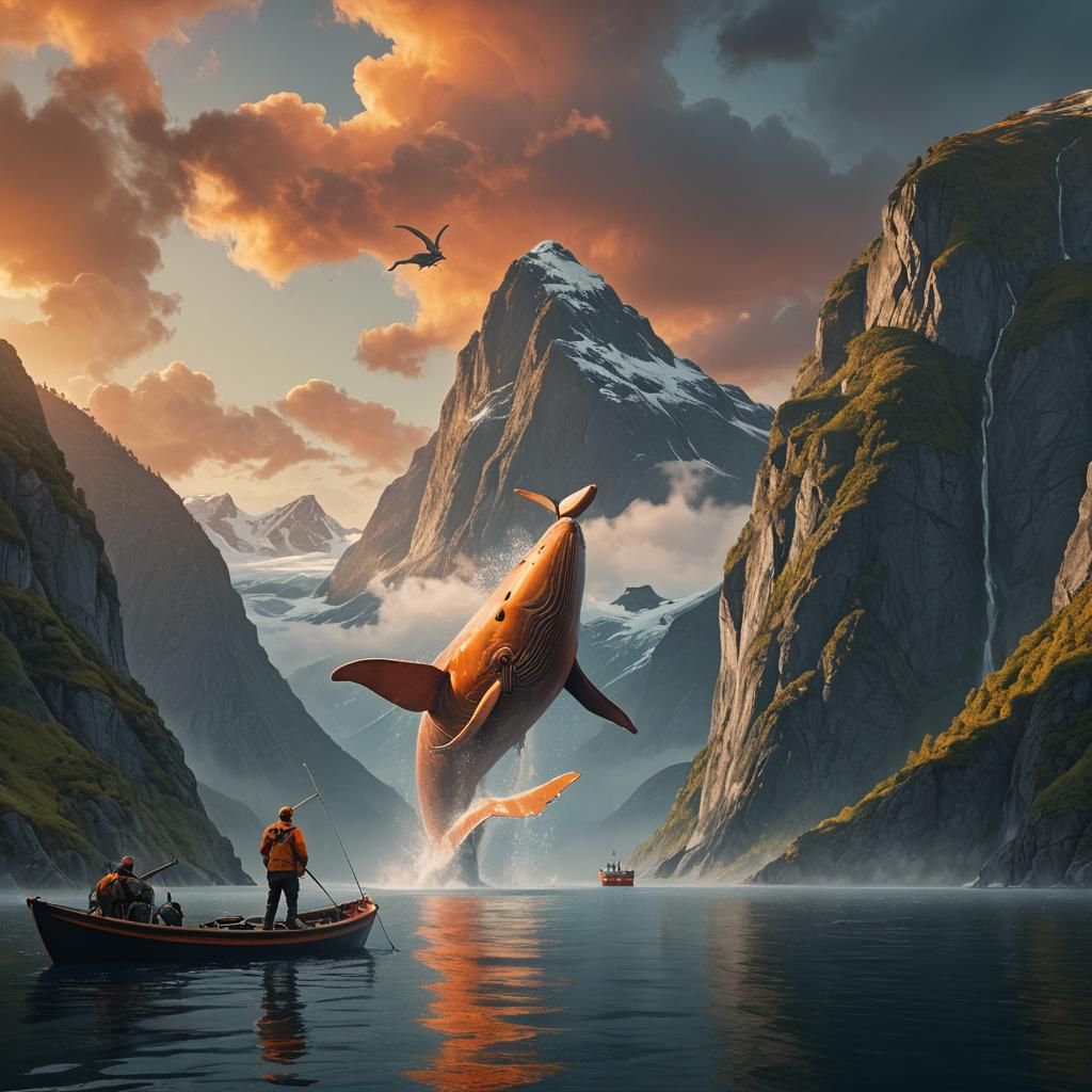 Norwegian Fisherman and Giant Orange Whale