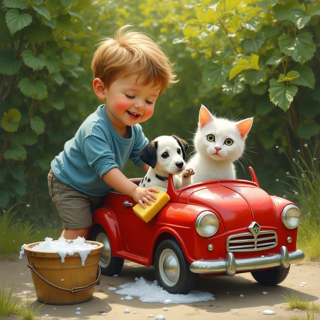 Little Boy Washes Vintage Toy Car with Faithful Friends