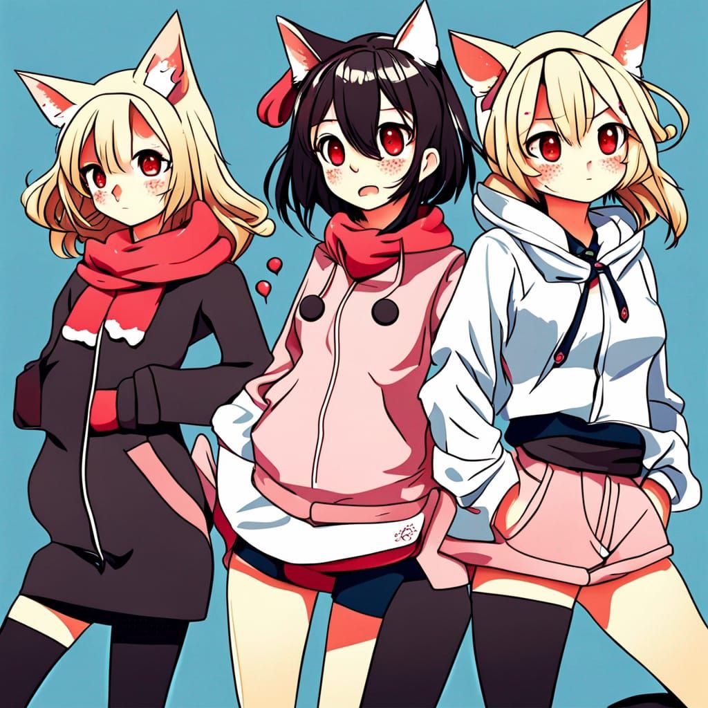 Embarrassed Feline Women in Anime Style