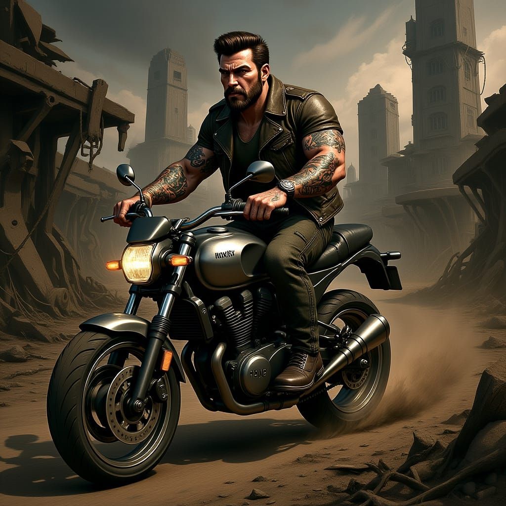 Post-Apocalyptic Biker in Gritty Dark Fantasy Style