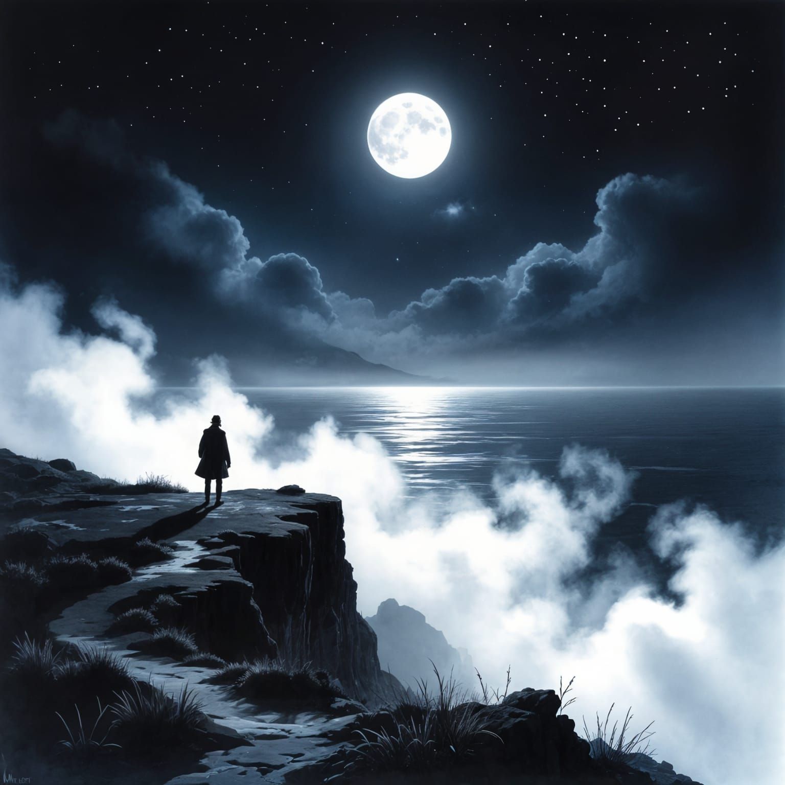 Lone Traveler Gazes at Starlit Ocean in Charcoal Style
