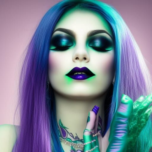 Ethereal gothic vampire Young lady with cobalt blue hair with purple highlights& Emerald green highlights& purple eyesha...