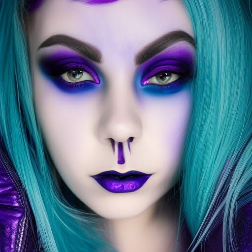 Ethereal gothic vampire Young lady with cobalt blue hair with purple highlights& Emerald green highlights& purple eyesha...