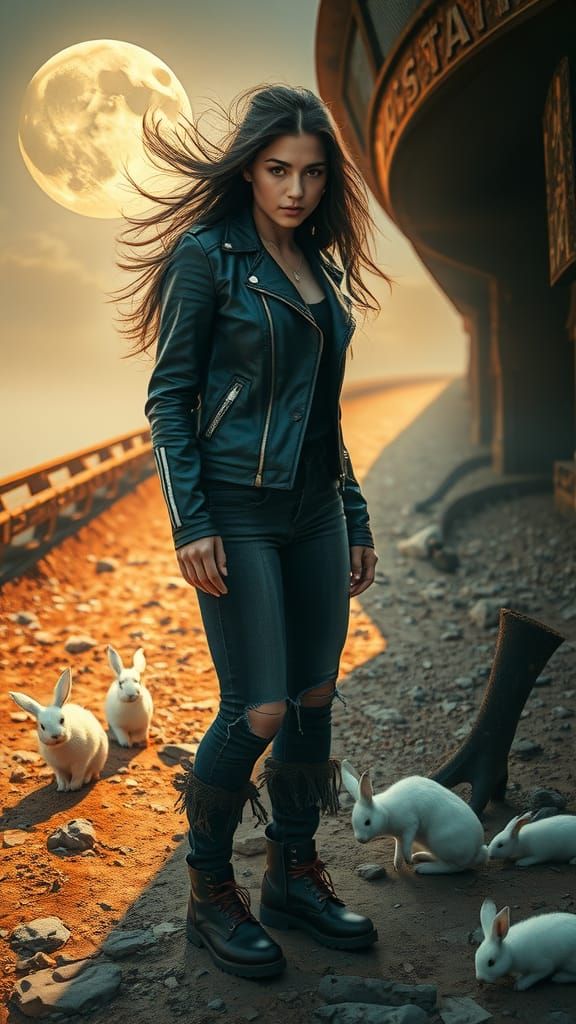 Mystical Landscape with Fearless Woman and Moon Rabbits