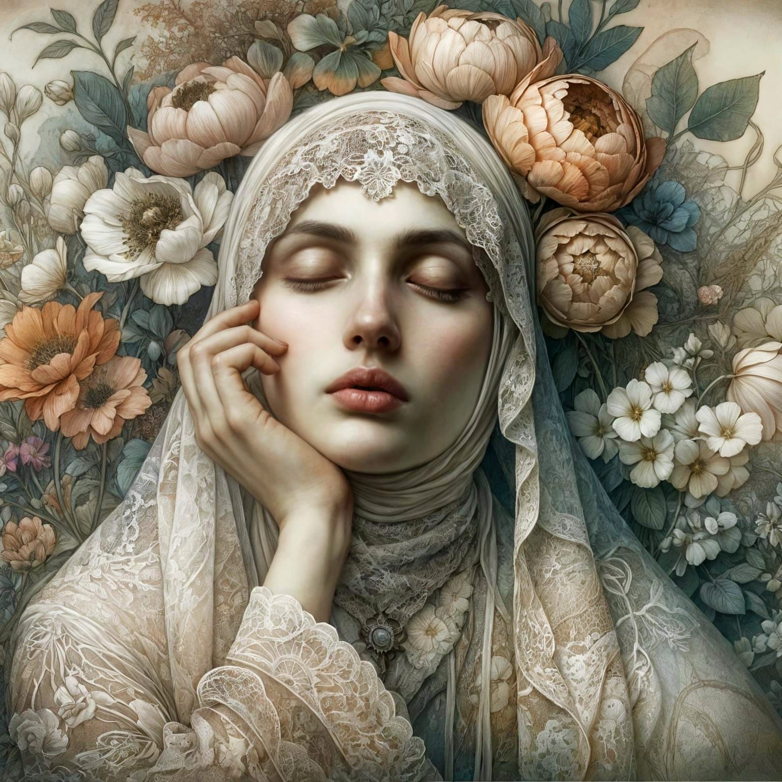 Ethereal Portrait of Woman in Art Nouveau Style