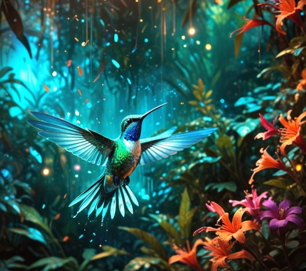 Iridescent Hummingbird in Tropical Watercolor Setting