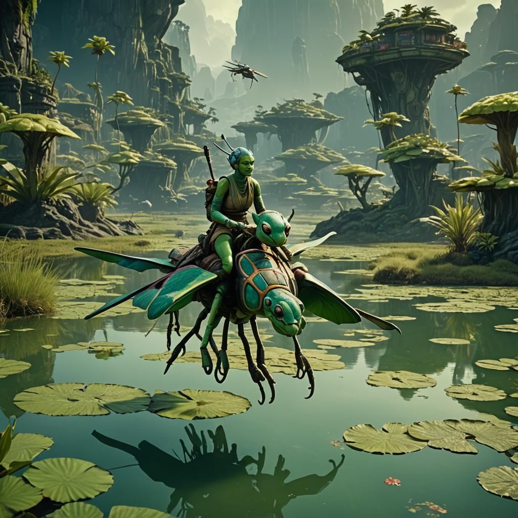 Twi'lek Woman on Dragonfly in Cinematic Scene