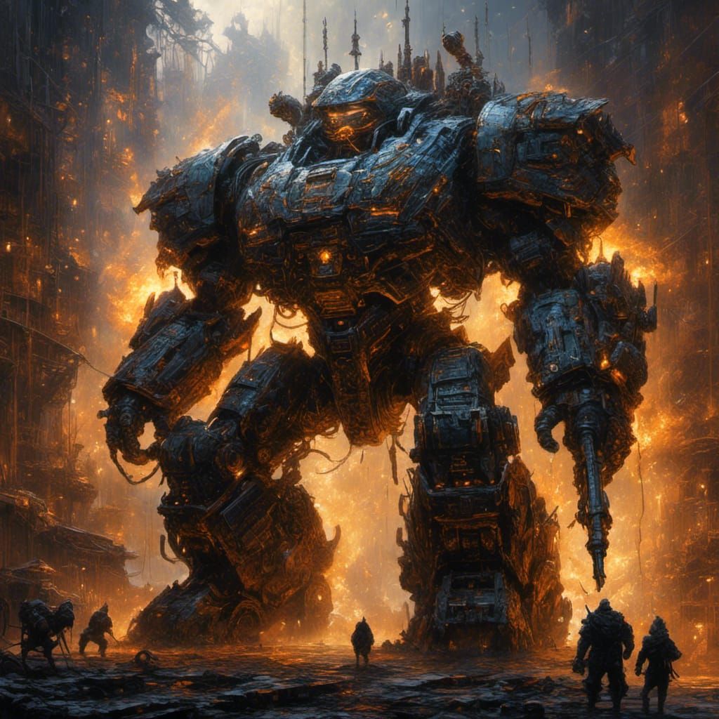 Cyberpunk Bio-Mecha Dominates Burning Factory