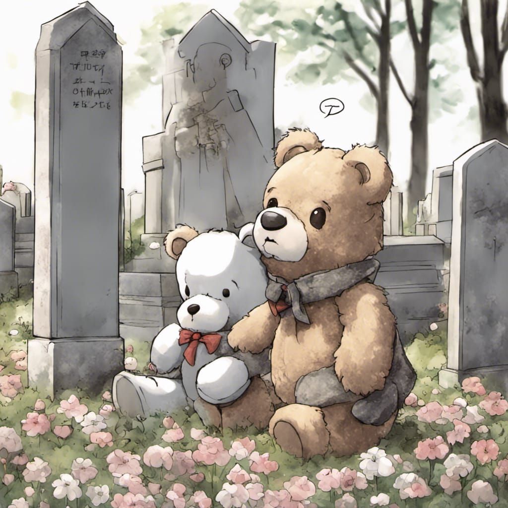 Crying Teddy Bear at Gravesite in Anime Style