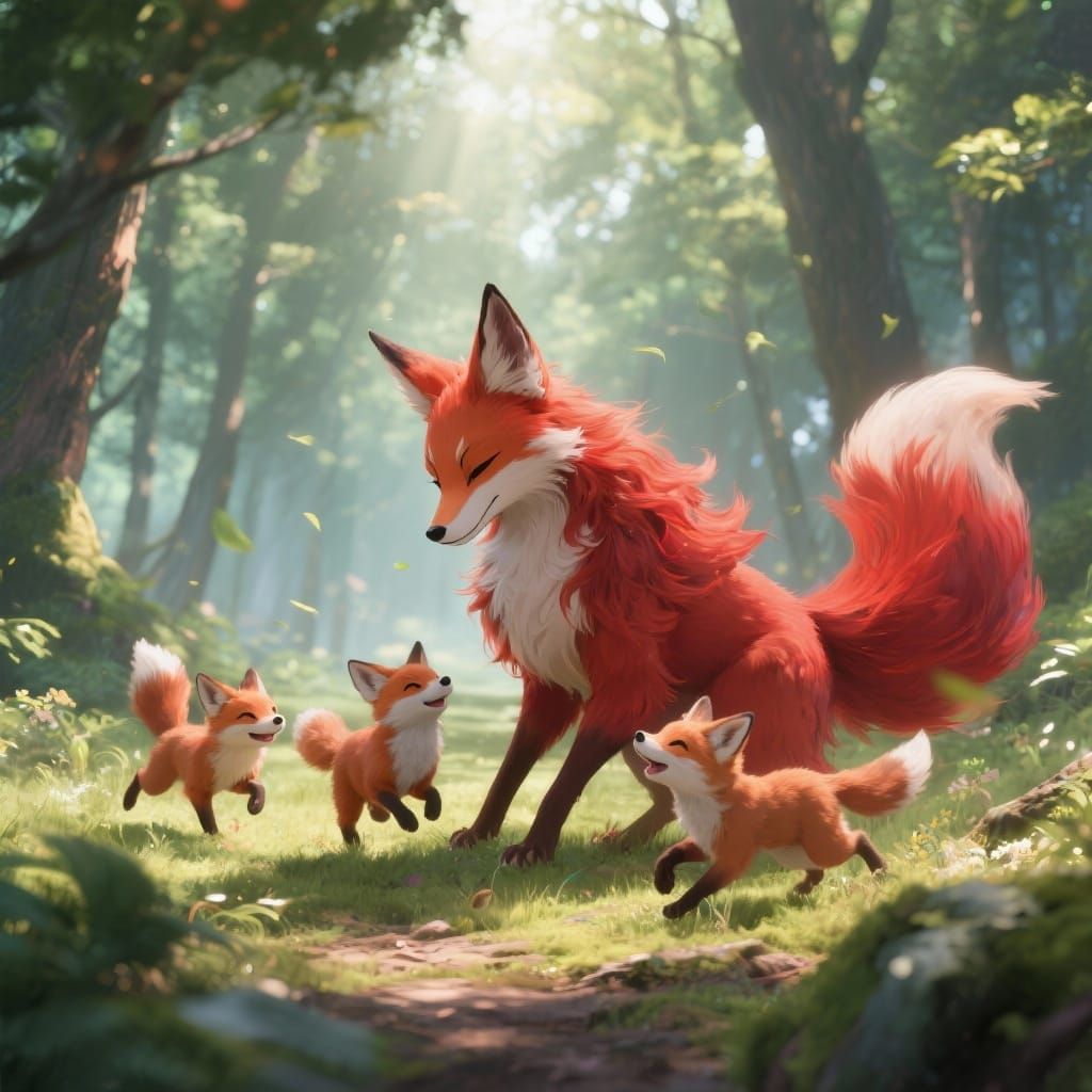 Foxes playing together in a forest clearing