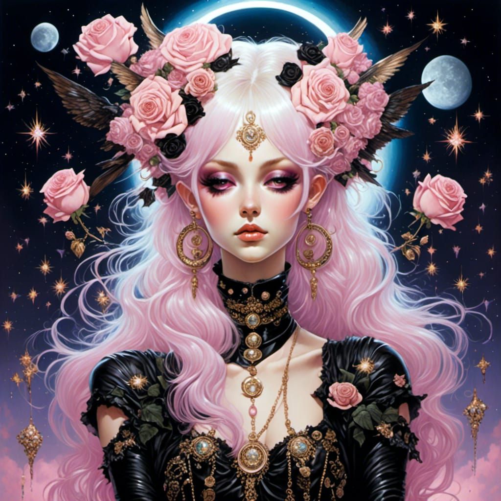 Emo Goth Goddess with Space Buns in Cosmic Sky