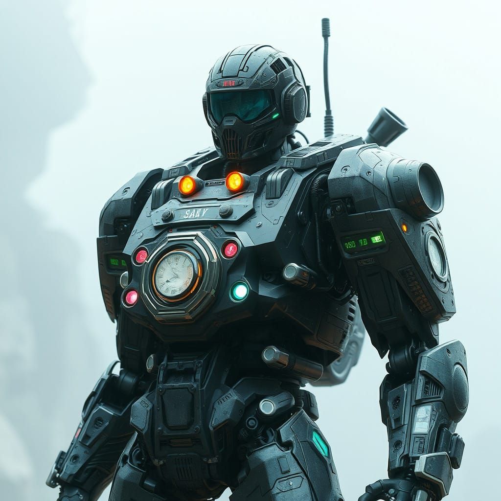 Cybernetic Biopunk Warrior in Distressed Mech Armor