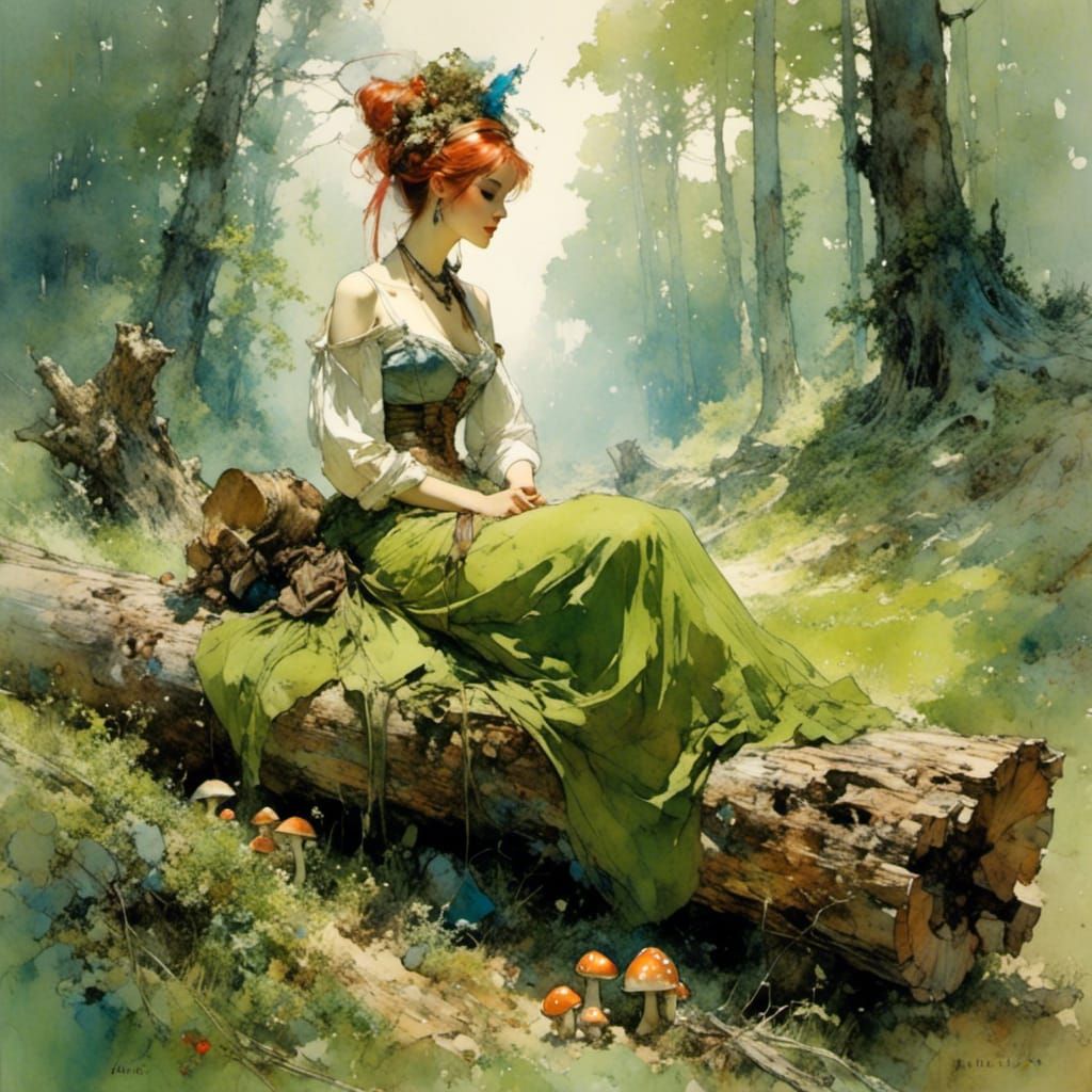 Girl in Forest Clearing: Stylized Watercolor Art