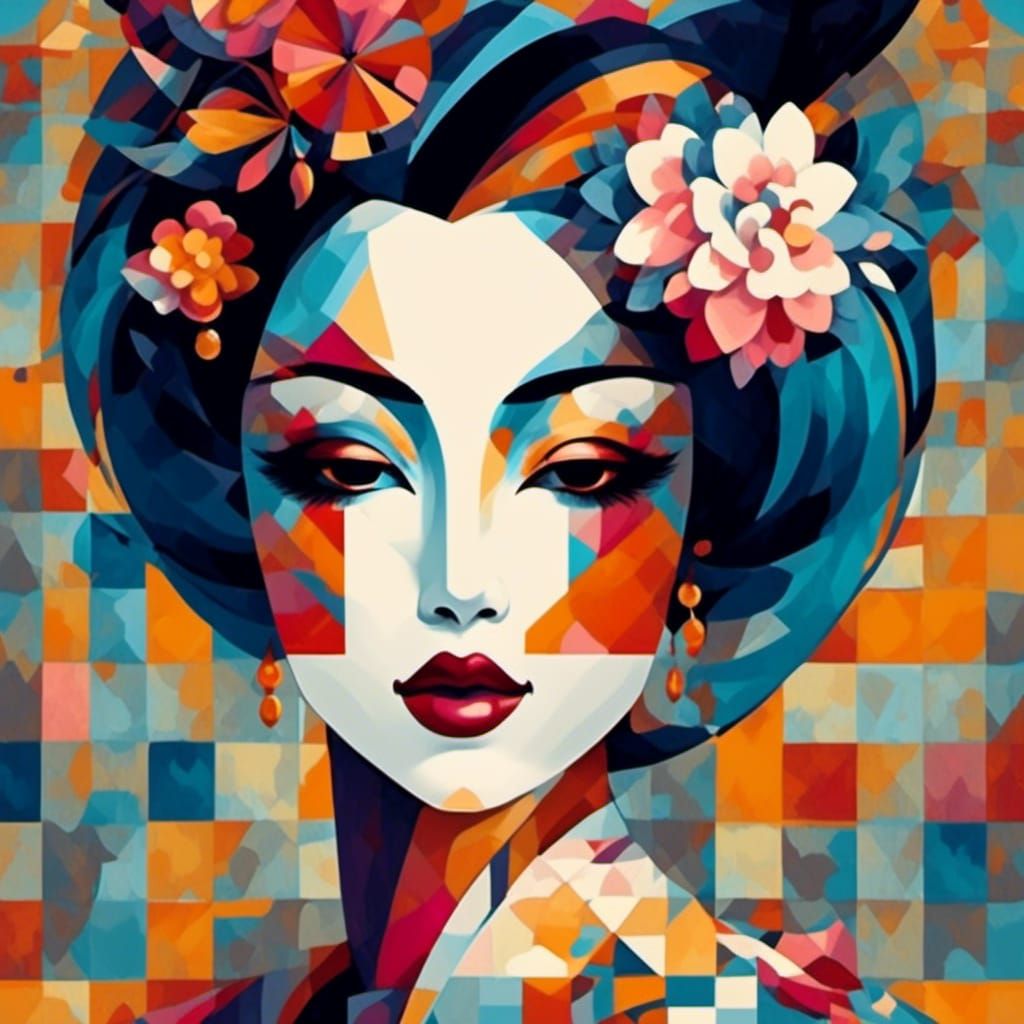 Geometric Geisha in Cubist Art Deco Style