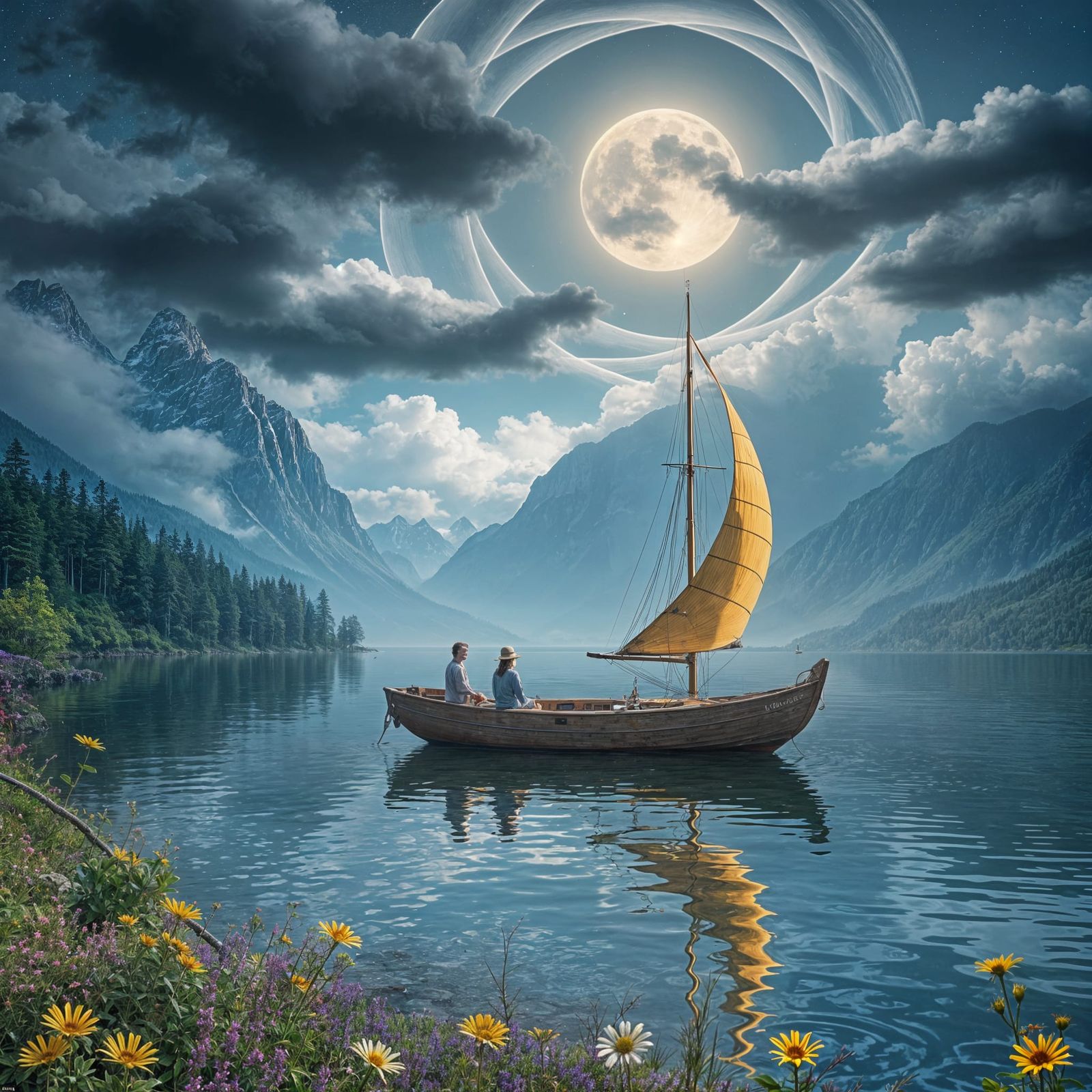 Luminous Moonlit Lake Scene in Serene Watercolor Style