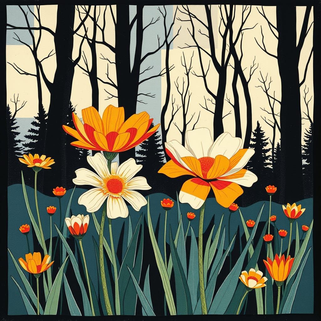 Geometric Spring Blooms in Cubist Woodcut Style