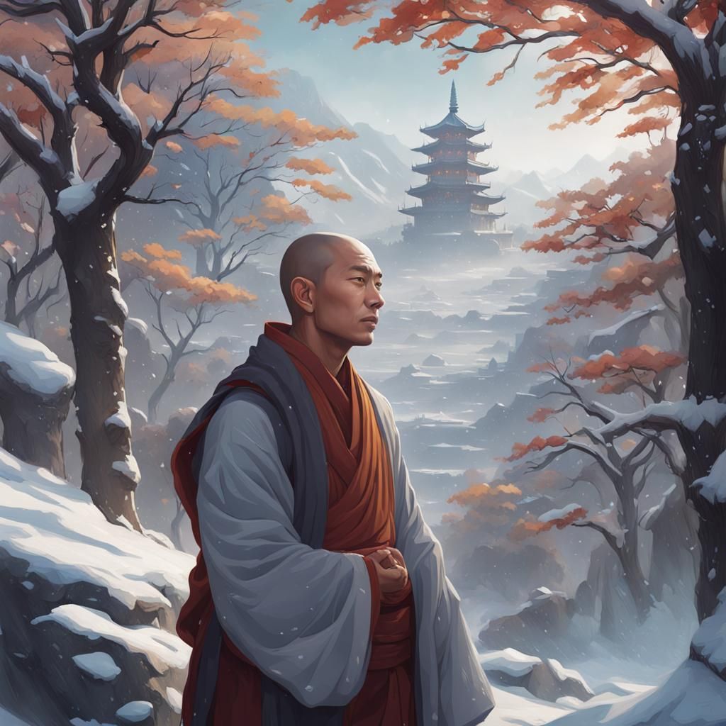 Young Buddhist Monk Portrait in Snowy Landscape