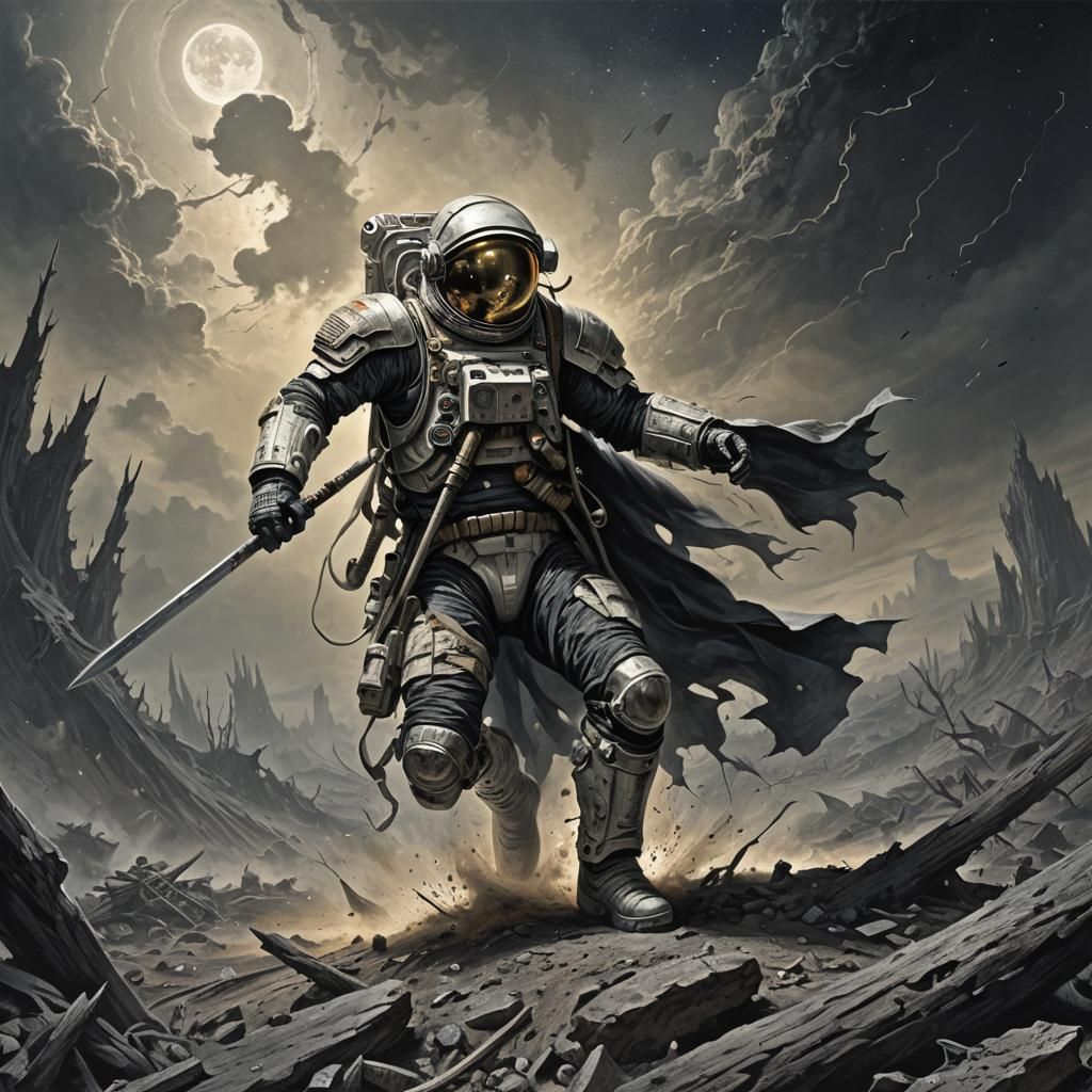 Astronaut's Survival on Haunted Planet: Gothic Horror Art