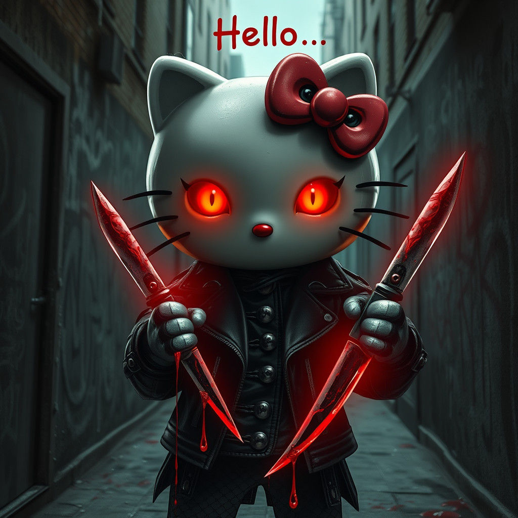 Angry evil hello kitty holding knives 
Text bripping blood saying "Hello"