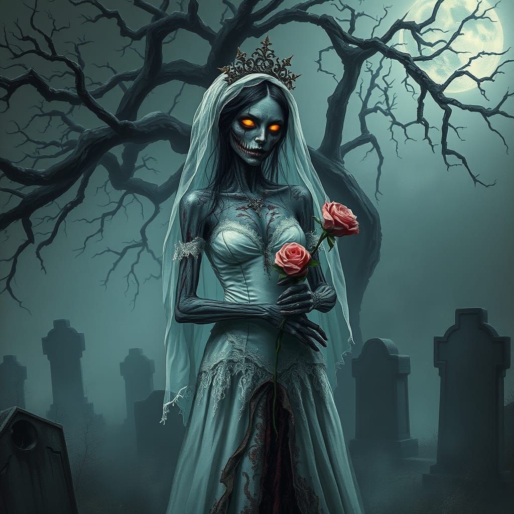 Gothic Zombie Queen in Macabre Bridal Gown