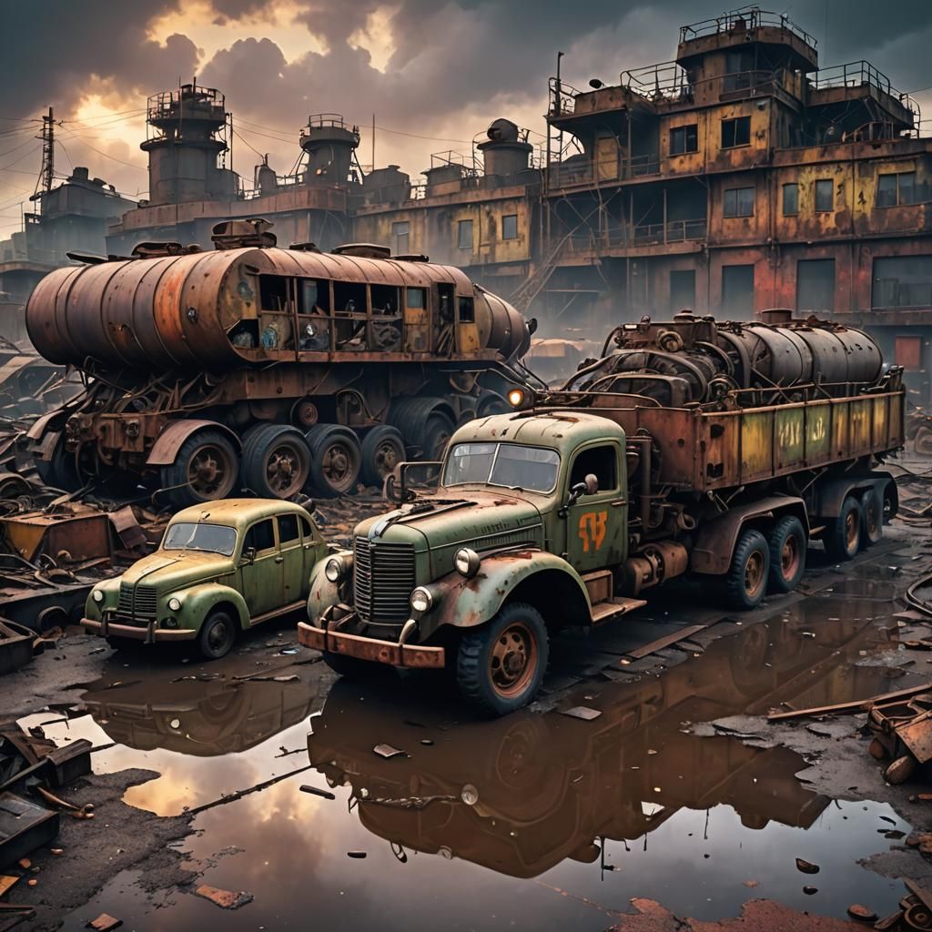 Dieselpunk WWII Car Carrier in Wasteland Sunset