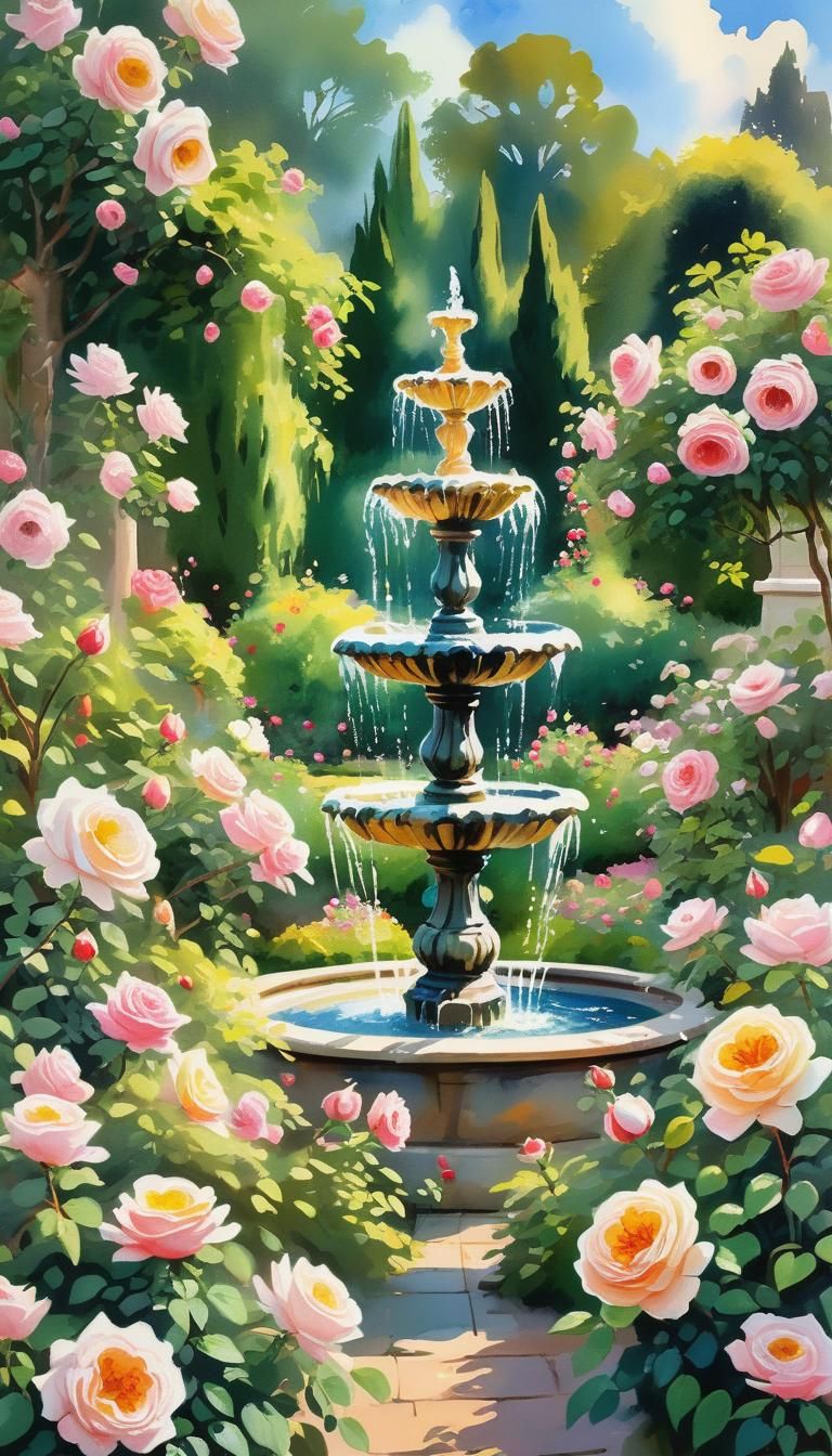 English rose garden with fountain