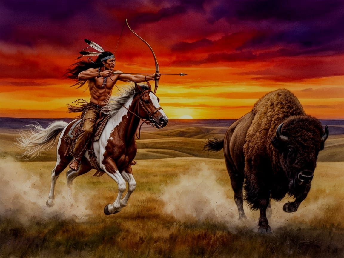 Native American Hunter on Horseback Pursuing Bison at Sunset