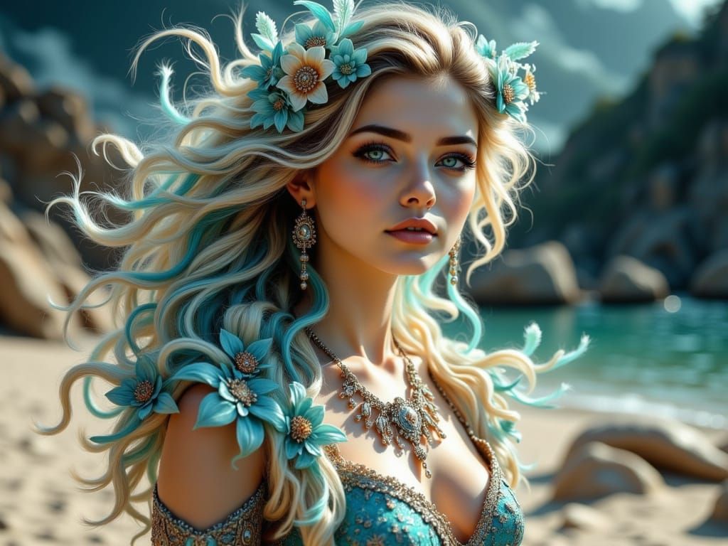 Heavenly Beach Scene with Flowing Hair