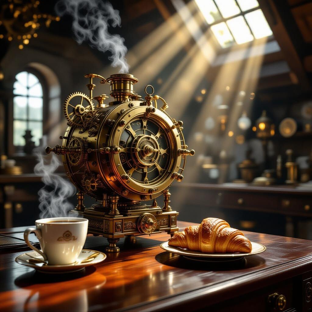 Steampunk Time Machine with Coffee and Croissant in God Rays