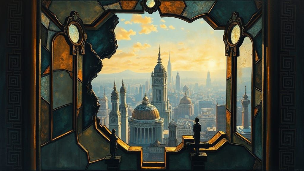 Alien Cityscape Through Shattered Window: Surreal Impasto Ar...