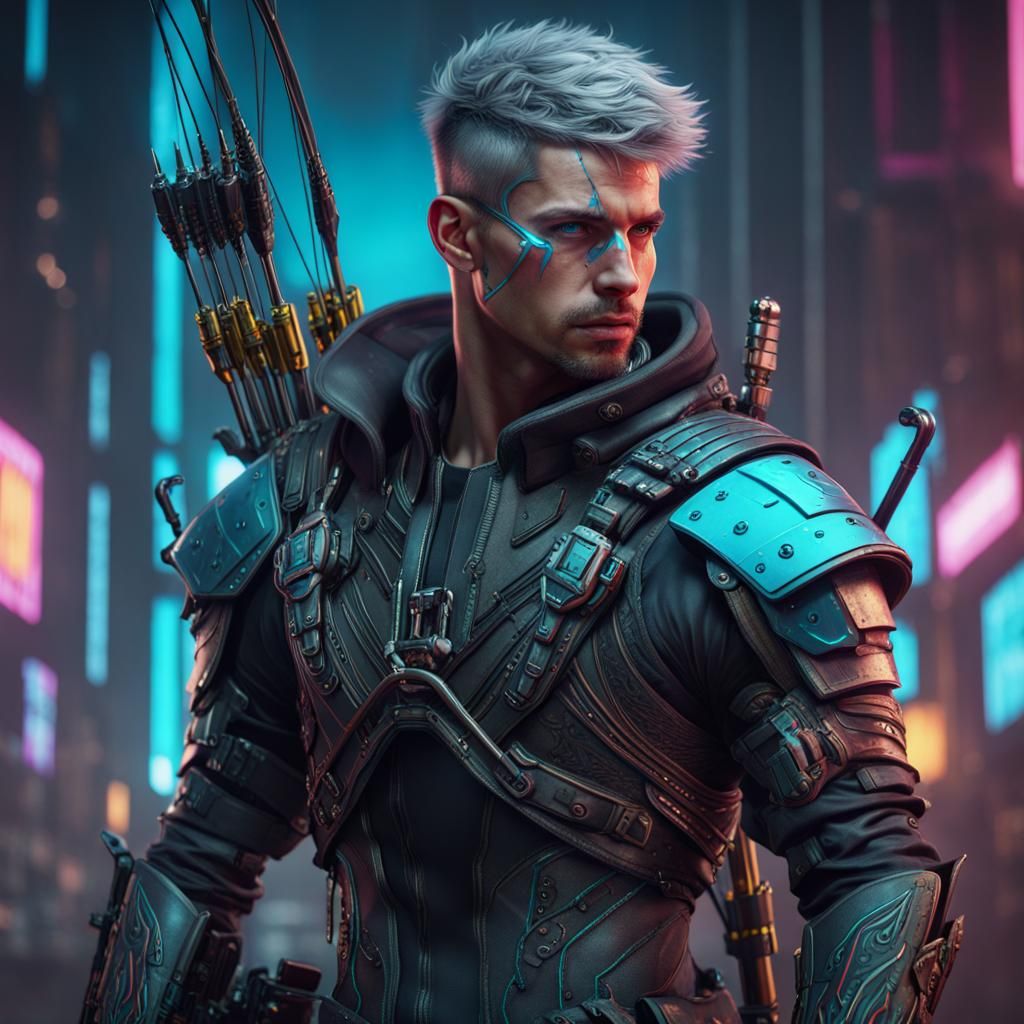 Cyberpunk Archer: Detailed Matte Painting in Deep Color