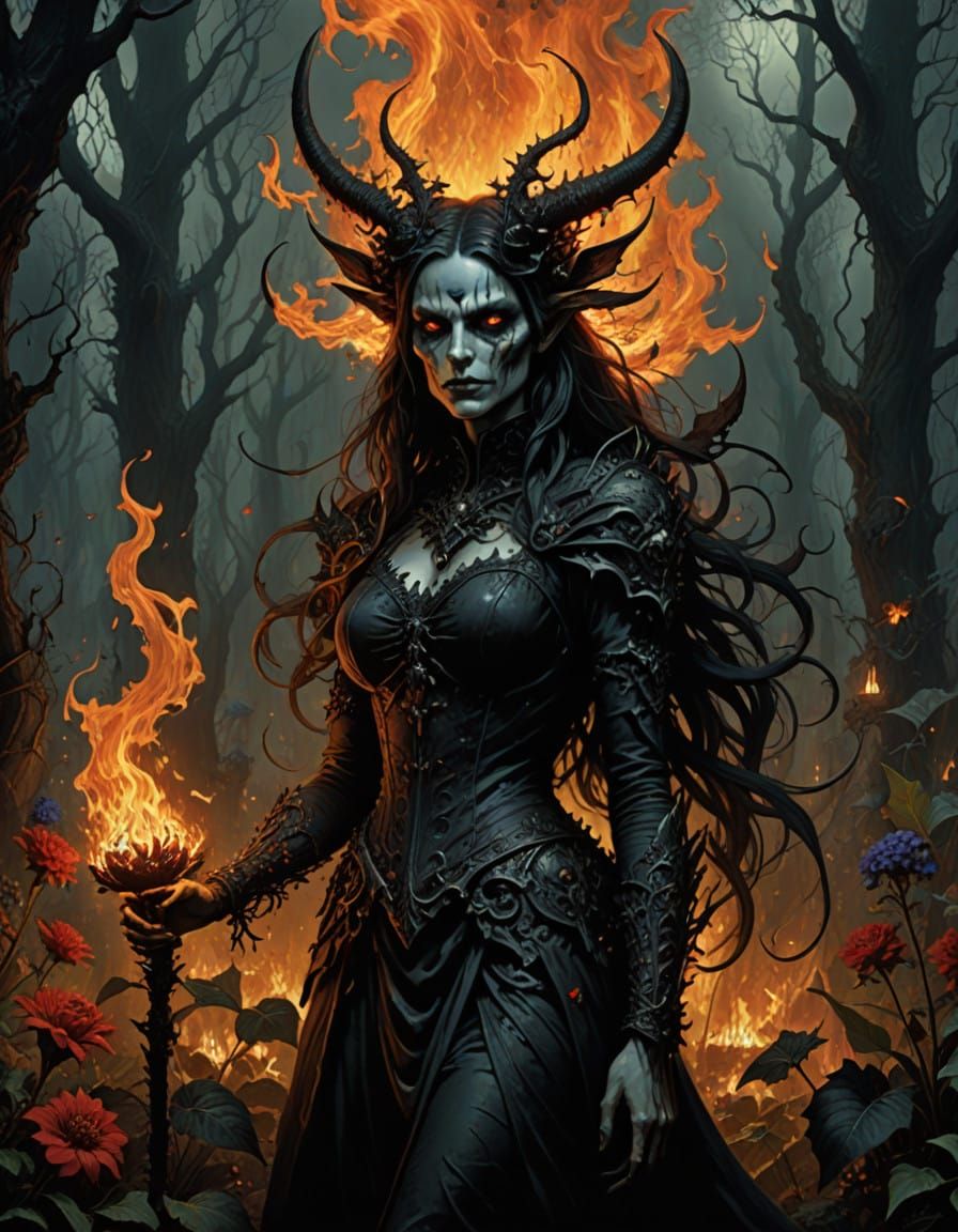 Ethereal Hellish Demoness amidst a Fiery Garden of Deadly Bl...