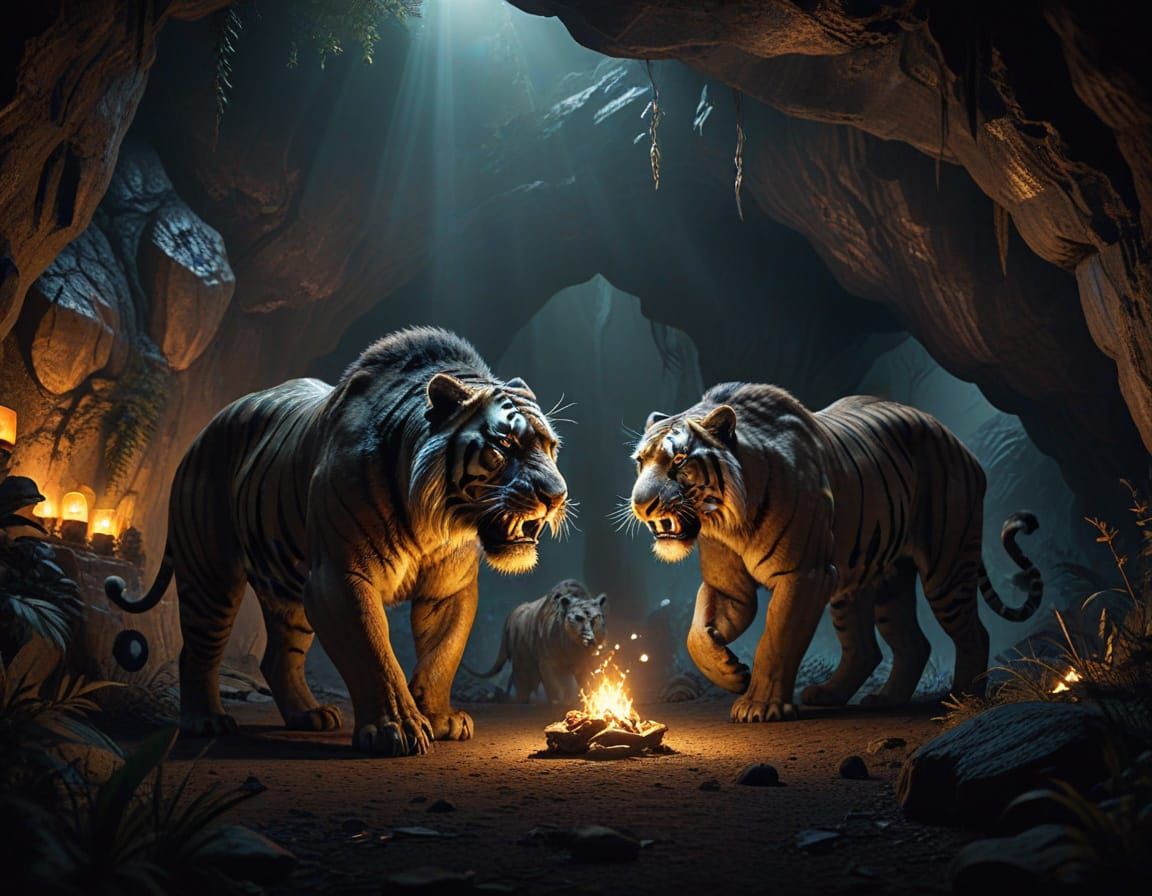 Prehistoric Cavemen Mourning with Lanterns in Cave