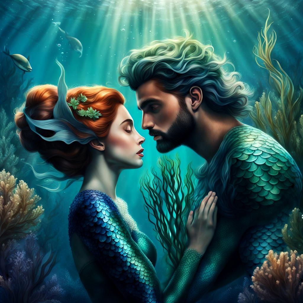 Mermaid and Merman Cuddle Underwater: Photorealistic Close-U...
