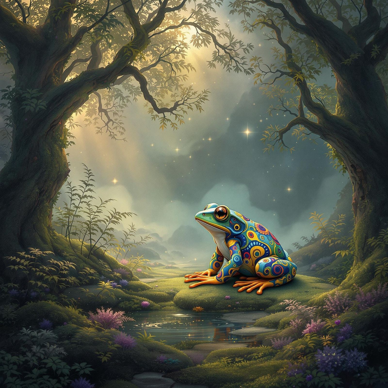 Whimsical Fractal Frog in Mystical Misty Landscape