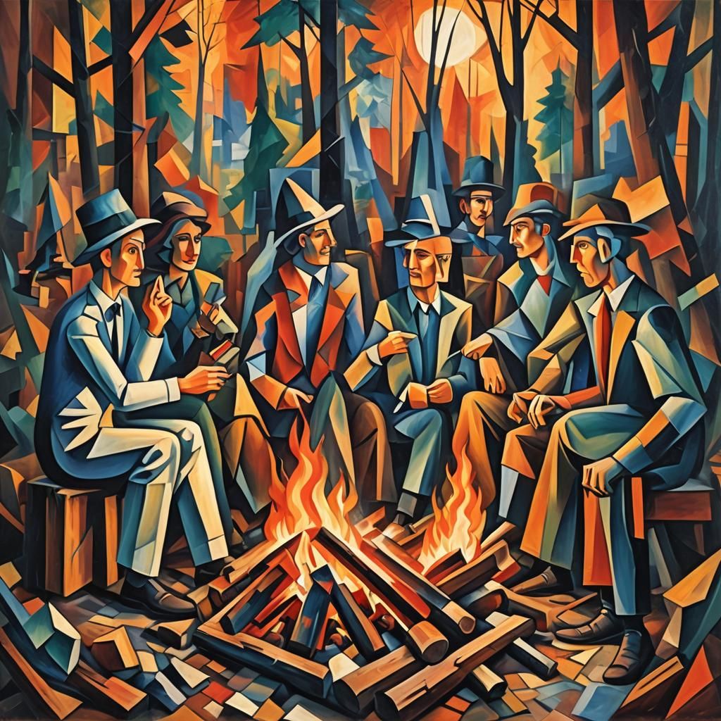 Cubist Campfire Scene with Friends in Woods