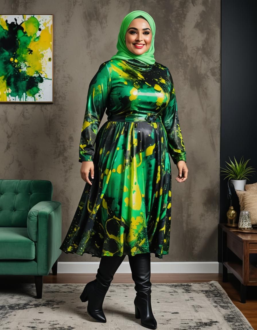 Elegant Hijabi Woman Wears Neon Green Dress in Dark Room