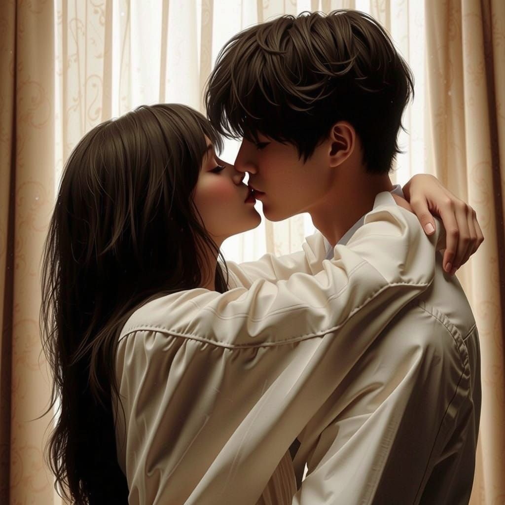 Elegant Anime-Inspired Couple in Romantic 8k Kissing Scene