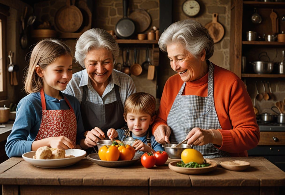 Grandmother Teaches Cooking Traditions in Cozy Rural Kitchen