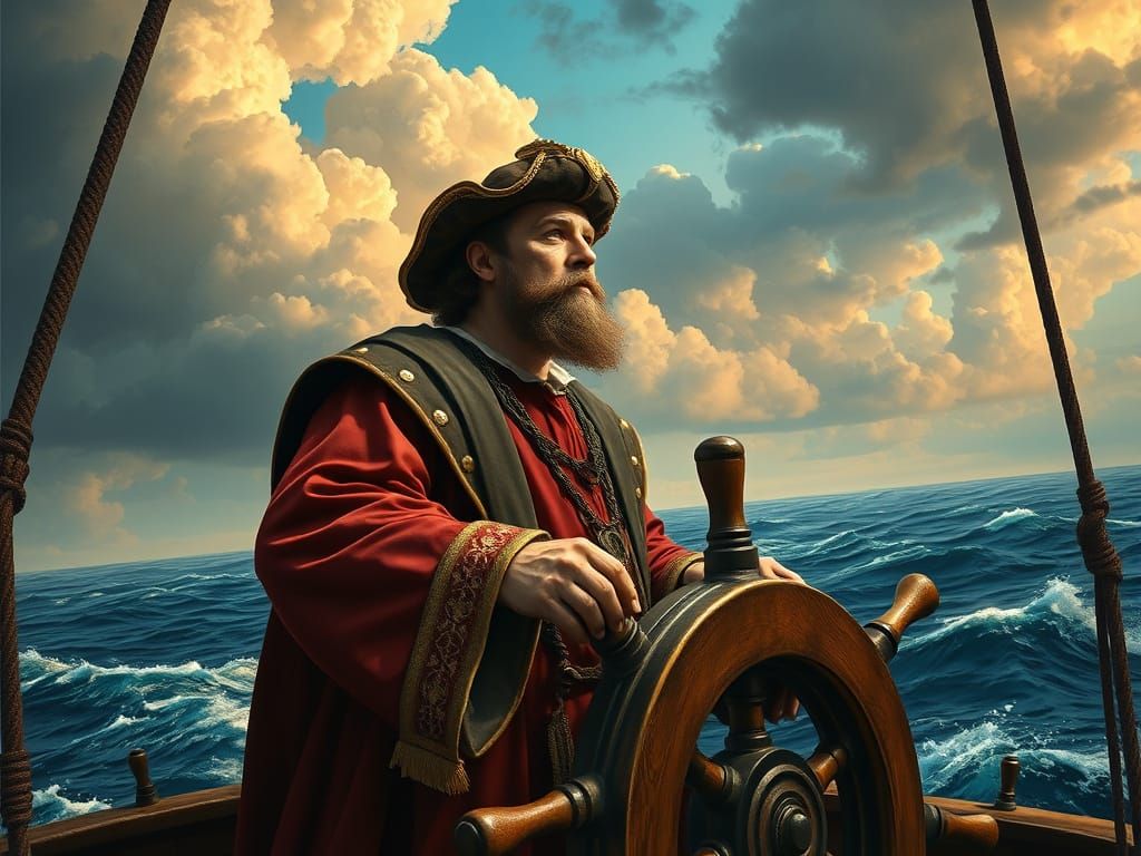 Columbus at Sea: A Hyperrealistic Splash Art Portrayal