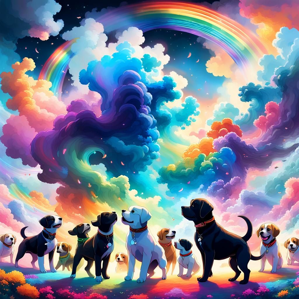 dreamscape filled with swirling smoke in vibrant hues, encompassing a group of puppies of various breeds and colors