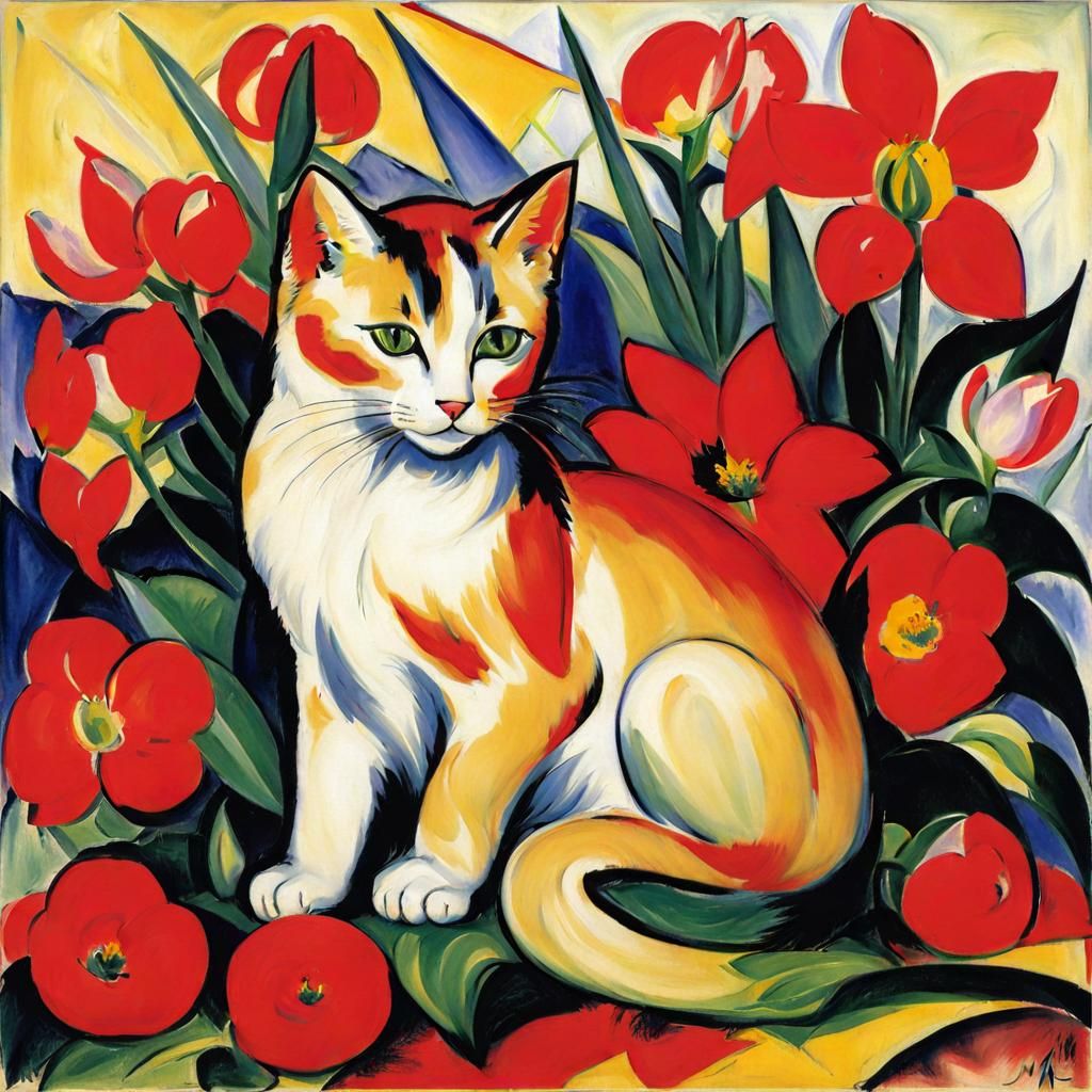 Expressionist Cat with Flowers, Inspired by Franz Marc