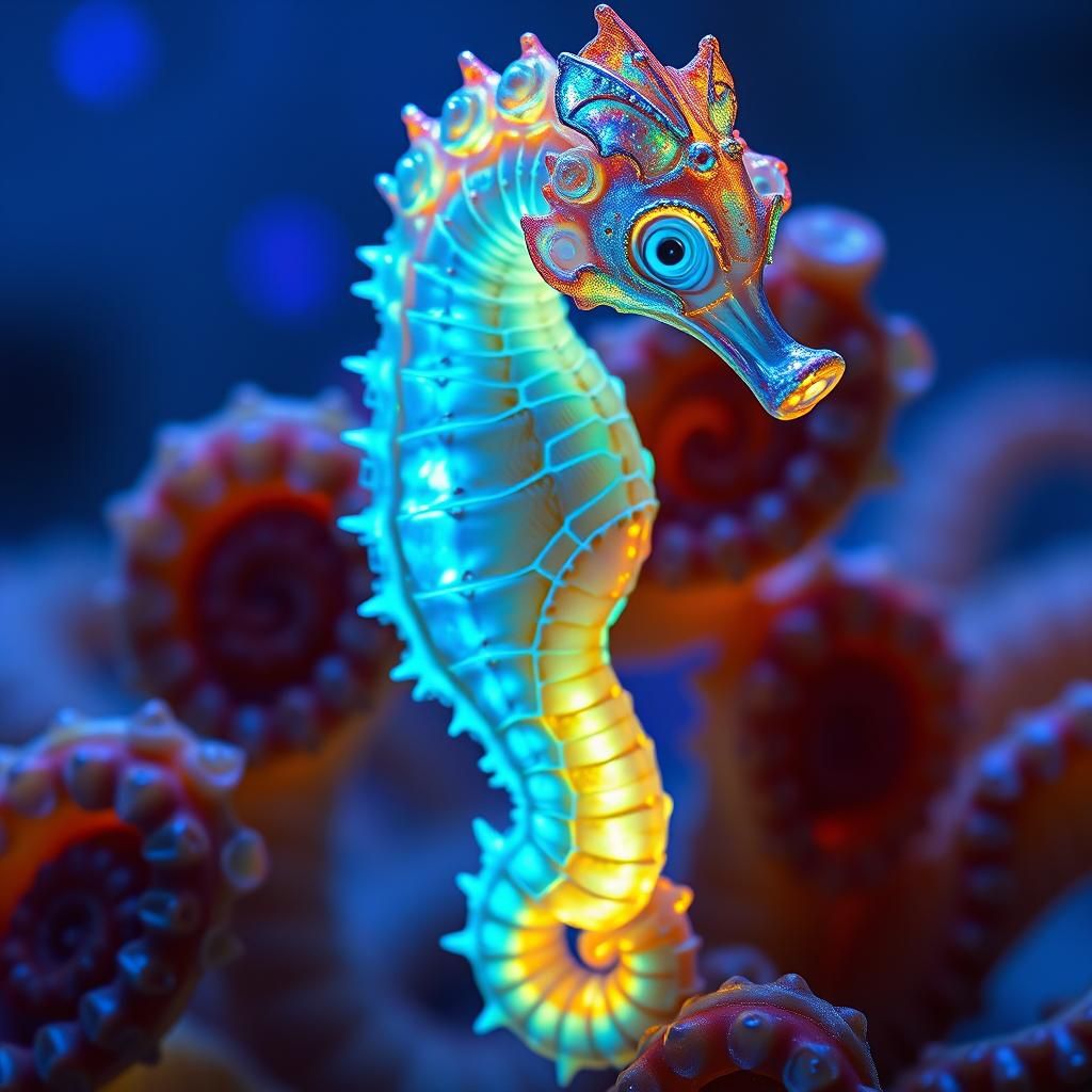Bioluminescent Octopus, Seahorse and Ammonites