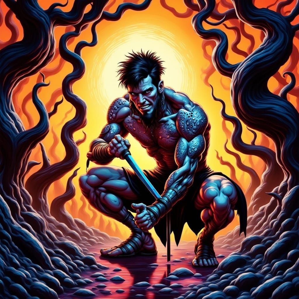 Fae Warrior in Macabre Stance, Dark Fantasy Art