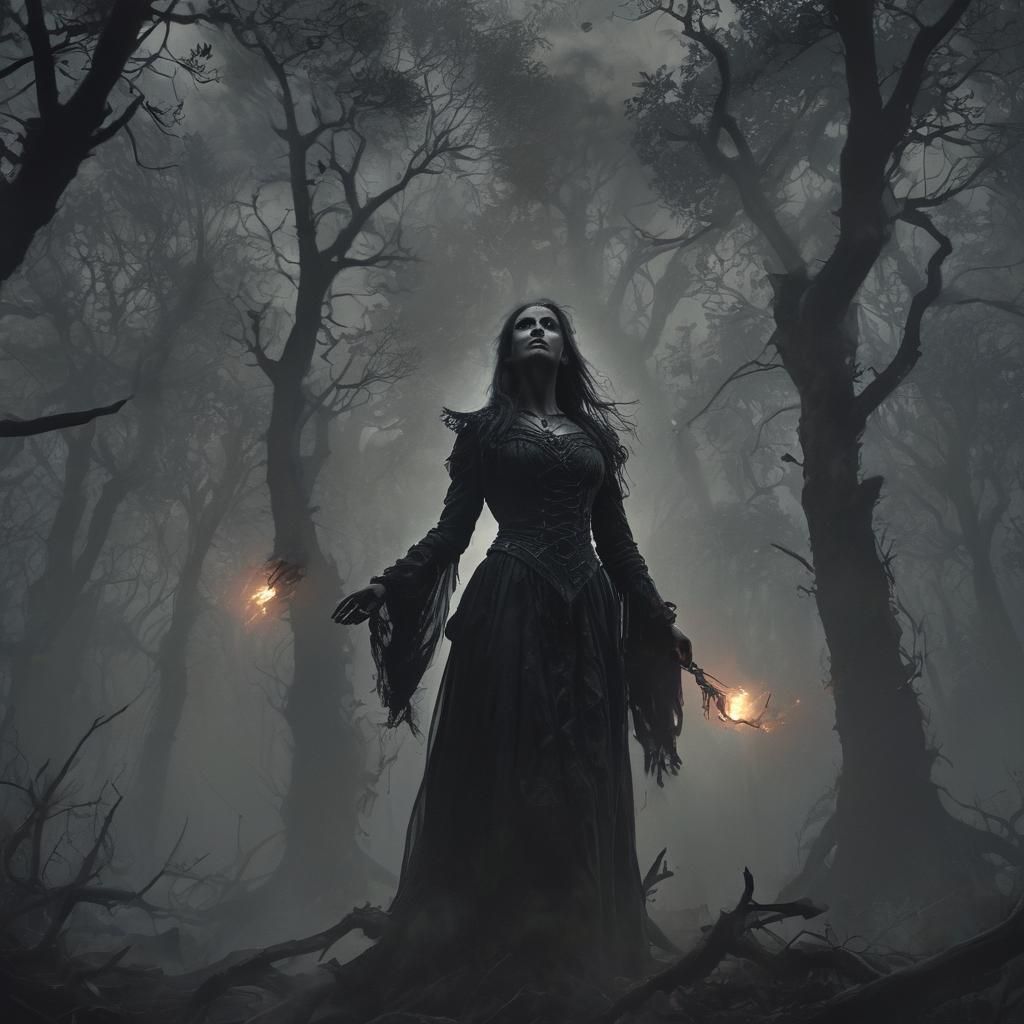 Enchantress Summons Flames in Haunted Forest: Gothic Illustr...