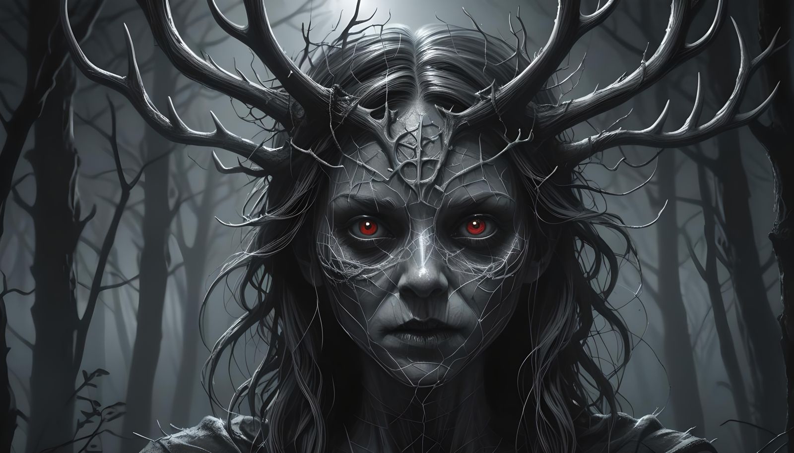 Creepy Eyeless Woman in Dark Forest, Horror Art