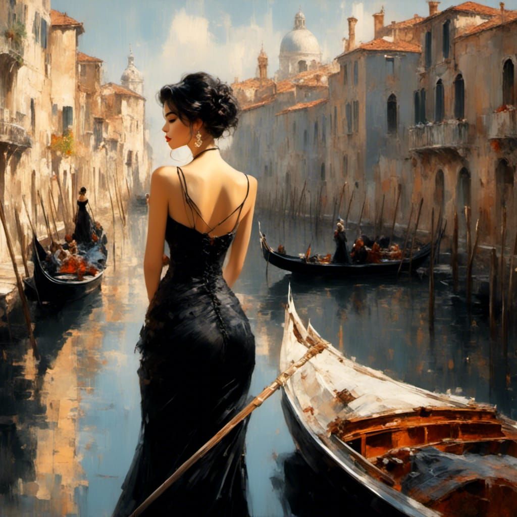 Venetian Canal Scene with Woman in Black Dress