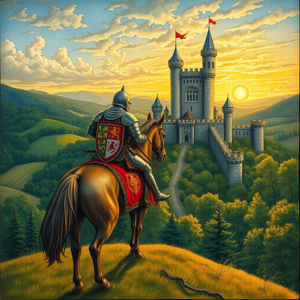 Medieval Knight Returns to Castle in Illuminated Manuscript....