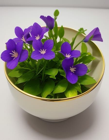 Violet Flowers in Gold Trimmed Bowl