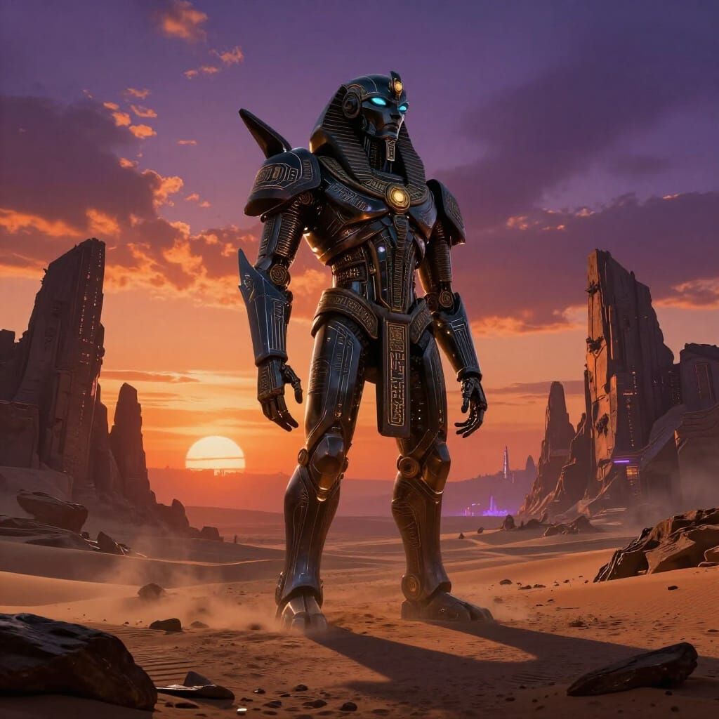 Ancient Obsidian Automaton in Alien Desert